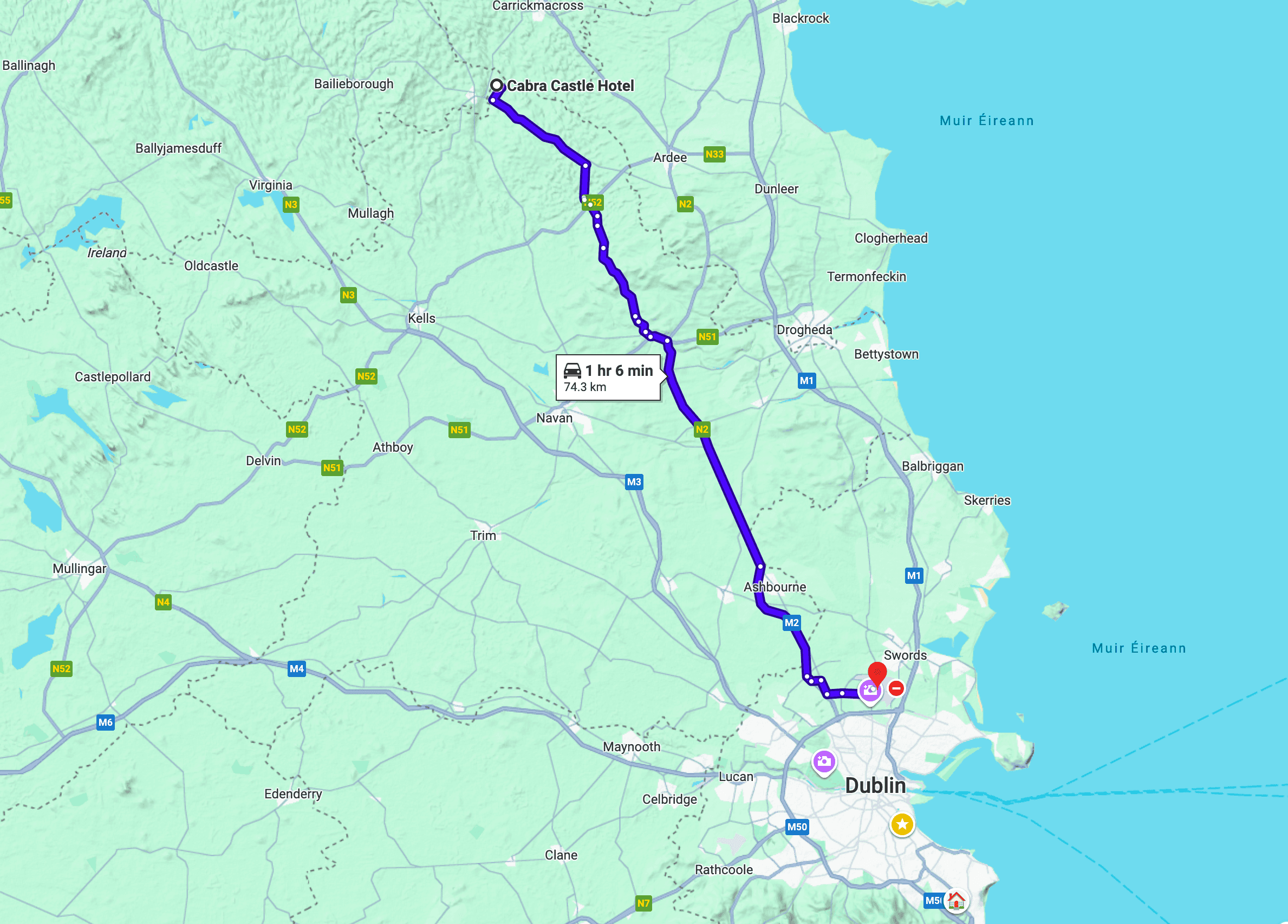 Map showing route from Dublin Airport to Cabra Castle