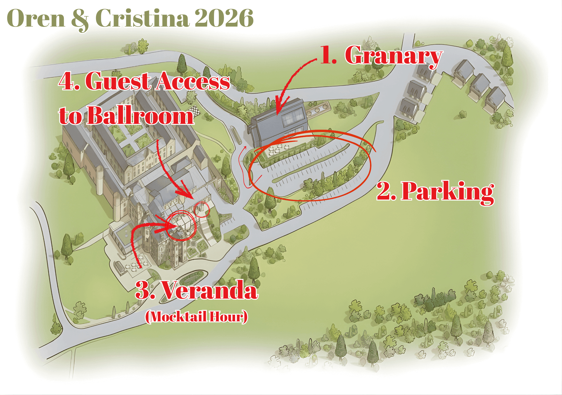 Map of Cabra Castle grounds showing the Castle, Courtyard, and Granary